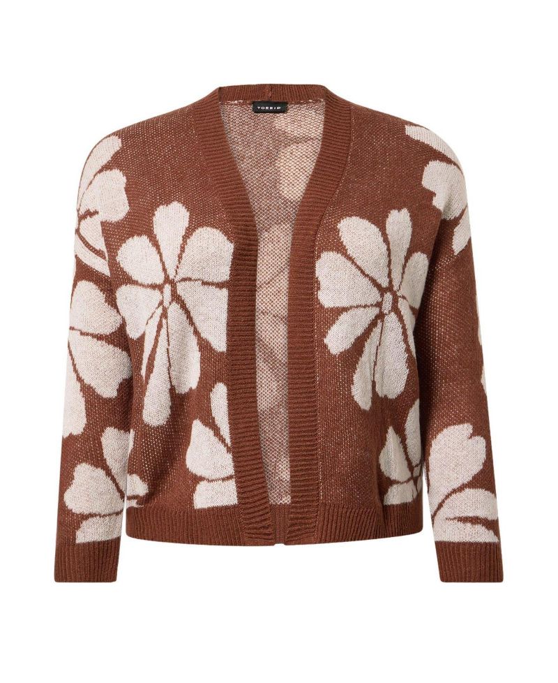 Plus Size Open-Front Floral Long-Sleeve Cardigan