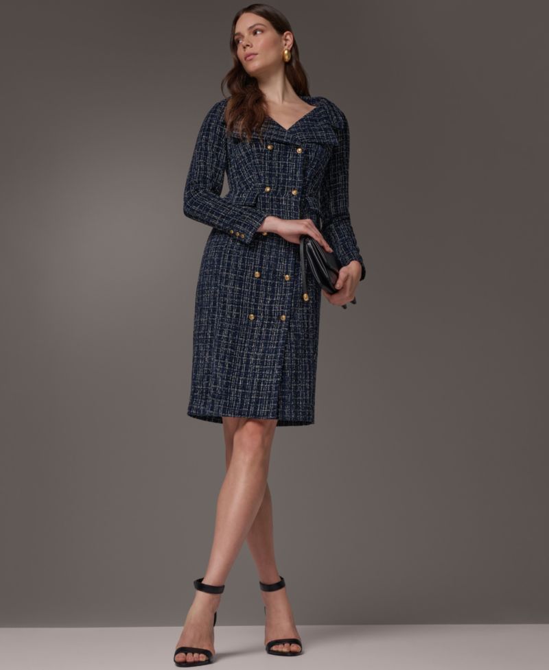 Women's Long-Sleeve Tweed Double-Breasted Jacket Dress