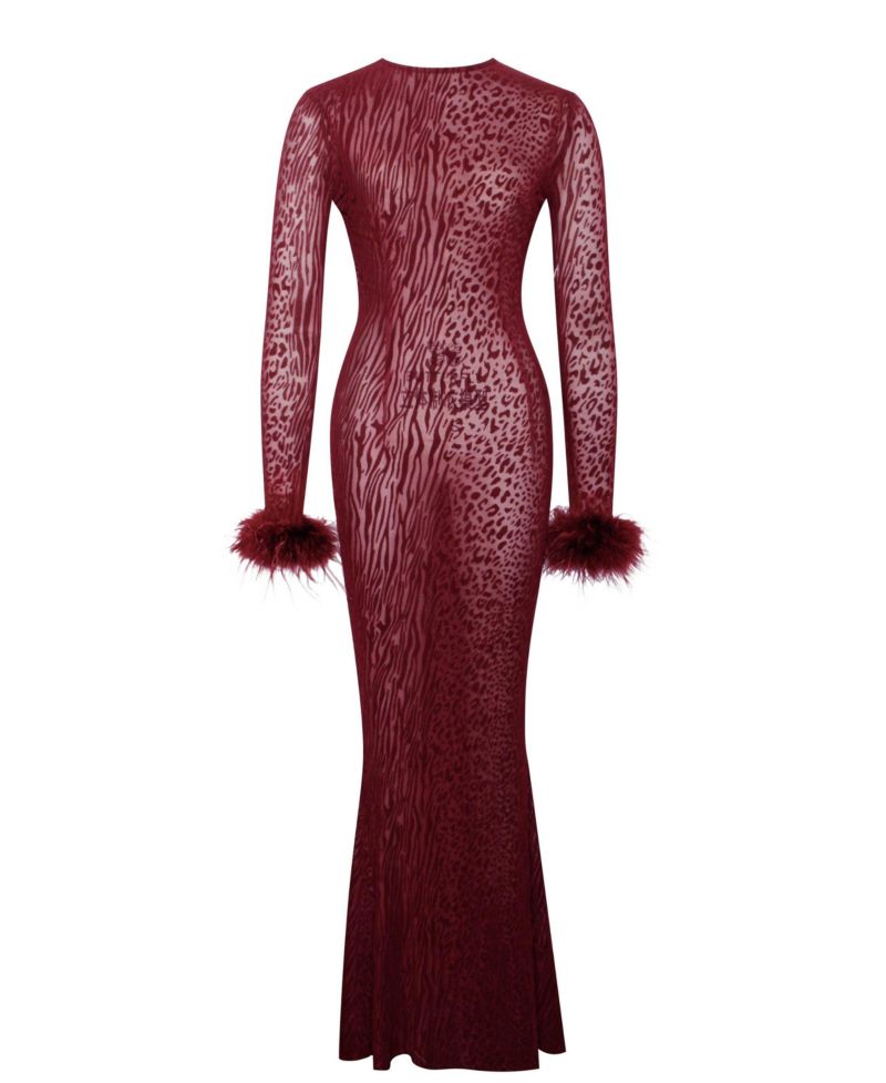 Women's Patricia Burgundy Leopard Burnout Velvet Mesh Backless Maxi Dress