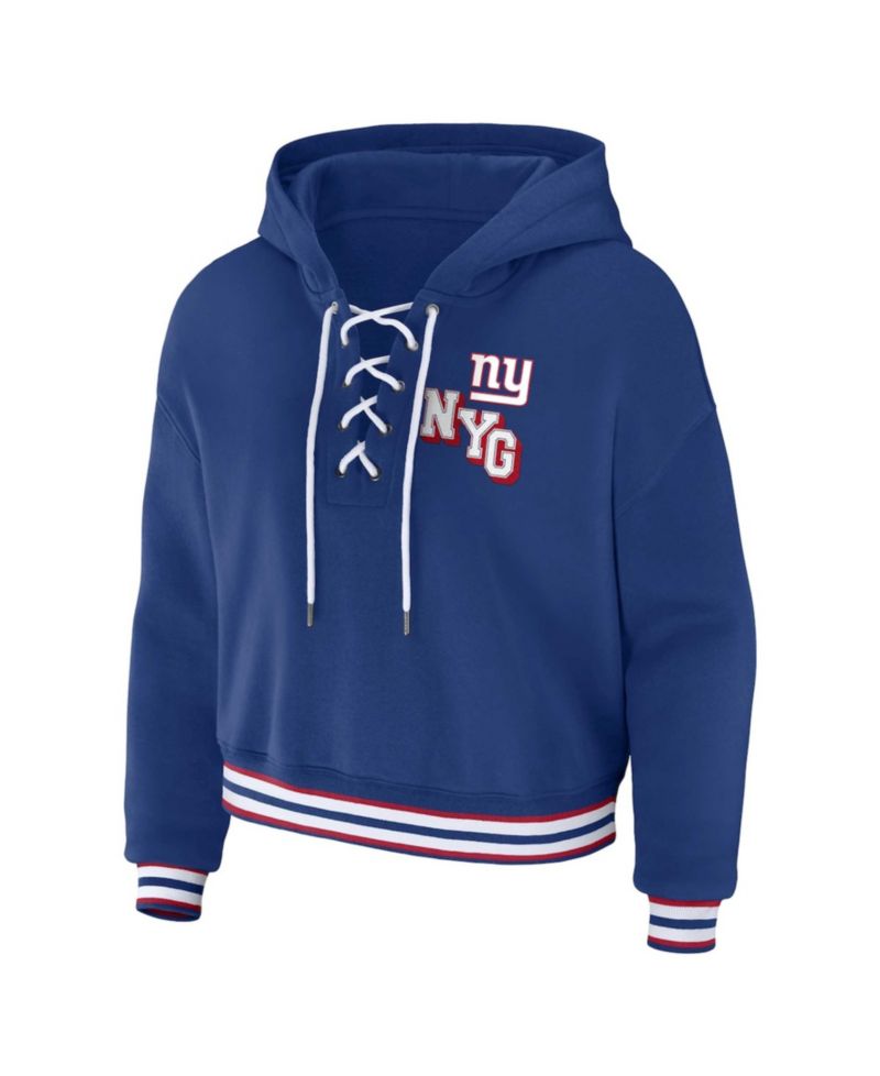 Women's Royal New York Giants Plus Size Lace-Up Pullover Hoodie