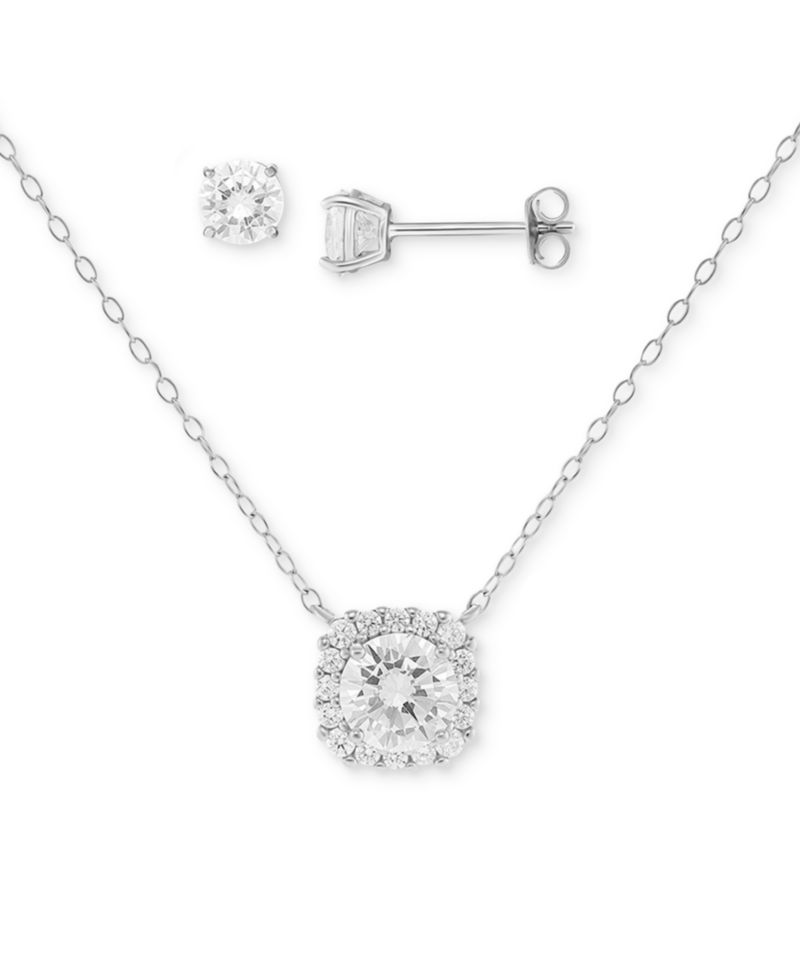 2-Pc. Set Cubic Zirconia Halo Pendant Necklace & Solitaire Stud Earrings in Sterling Silver
