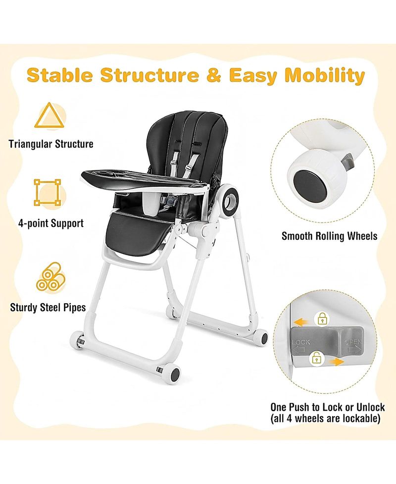 Baby Foldable High Chair with 4 Lockable Wheels and Double Tray