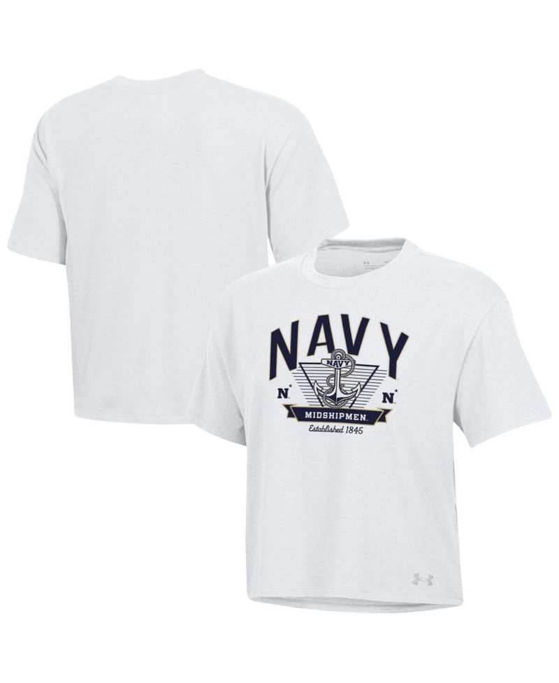 Women's White Navy Midshipmen Essentials Icon Ultra-Soft Tri-Blend Boxy Cropped T-Shirt