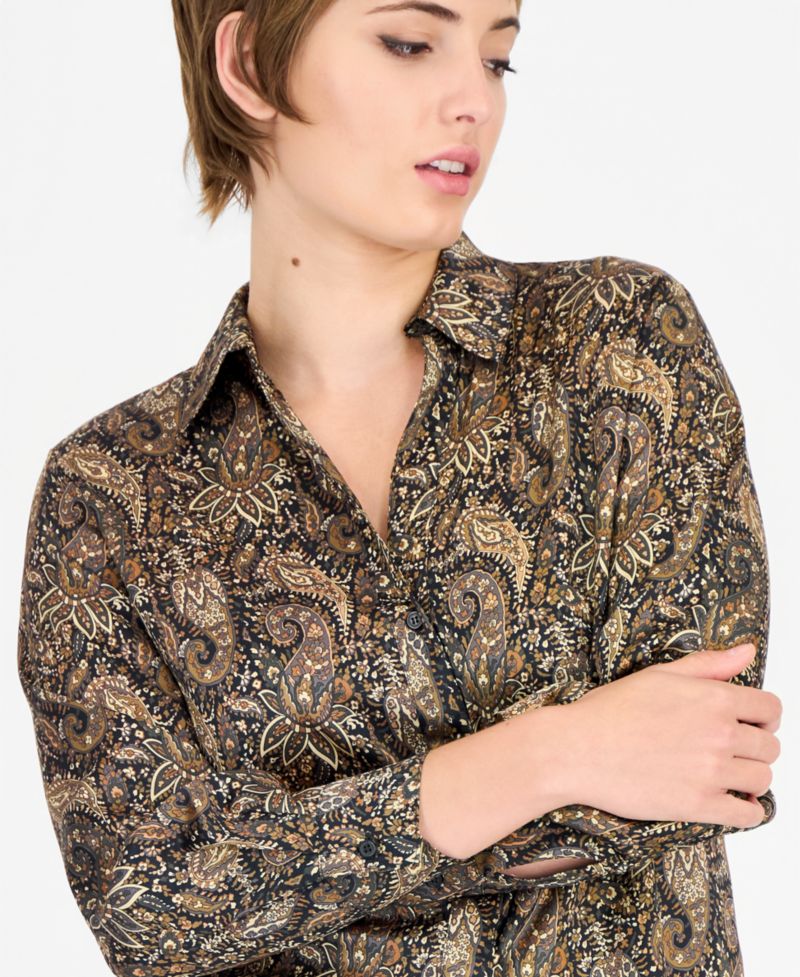 Women's Duomo Long-Sleeve Polo Collar Printed Blouse