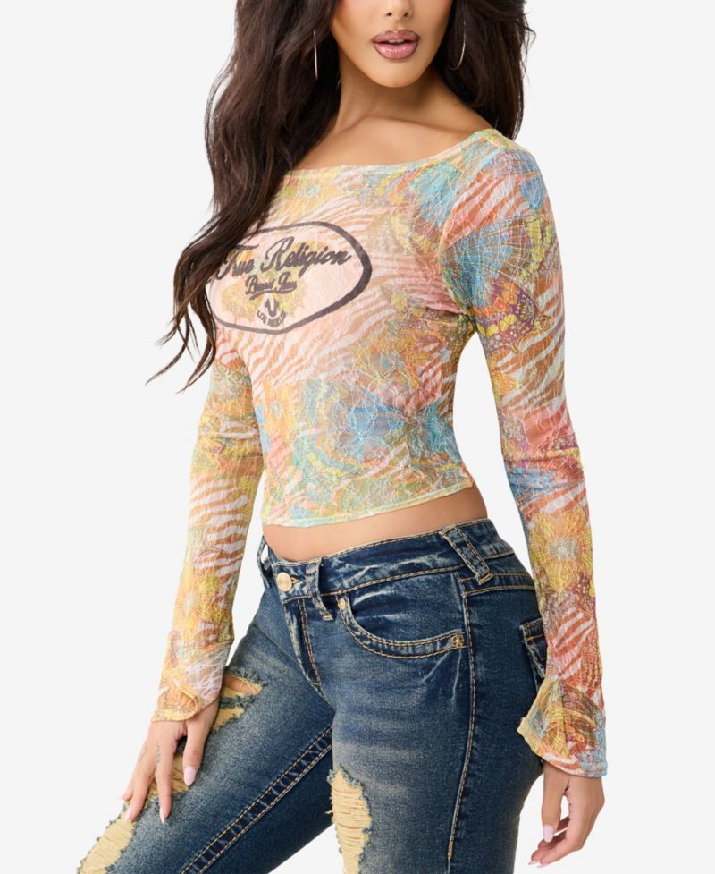 Women's Butterfly Lace Boat-Neck Long-Sleeve Top