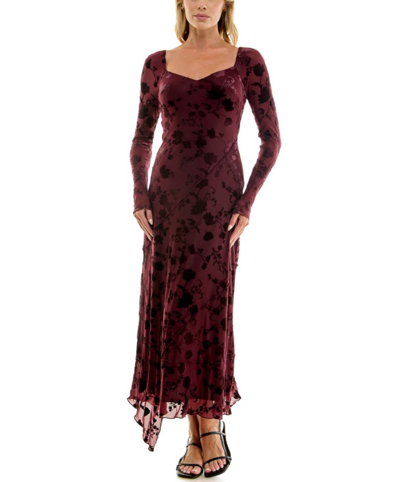 Juniors' Long-Sleeve V-Neck Velvet-Burnout Midi Dress