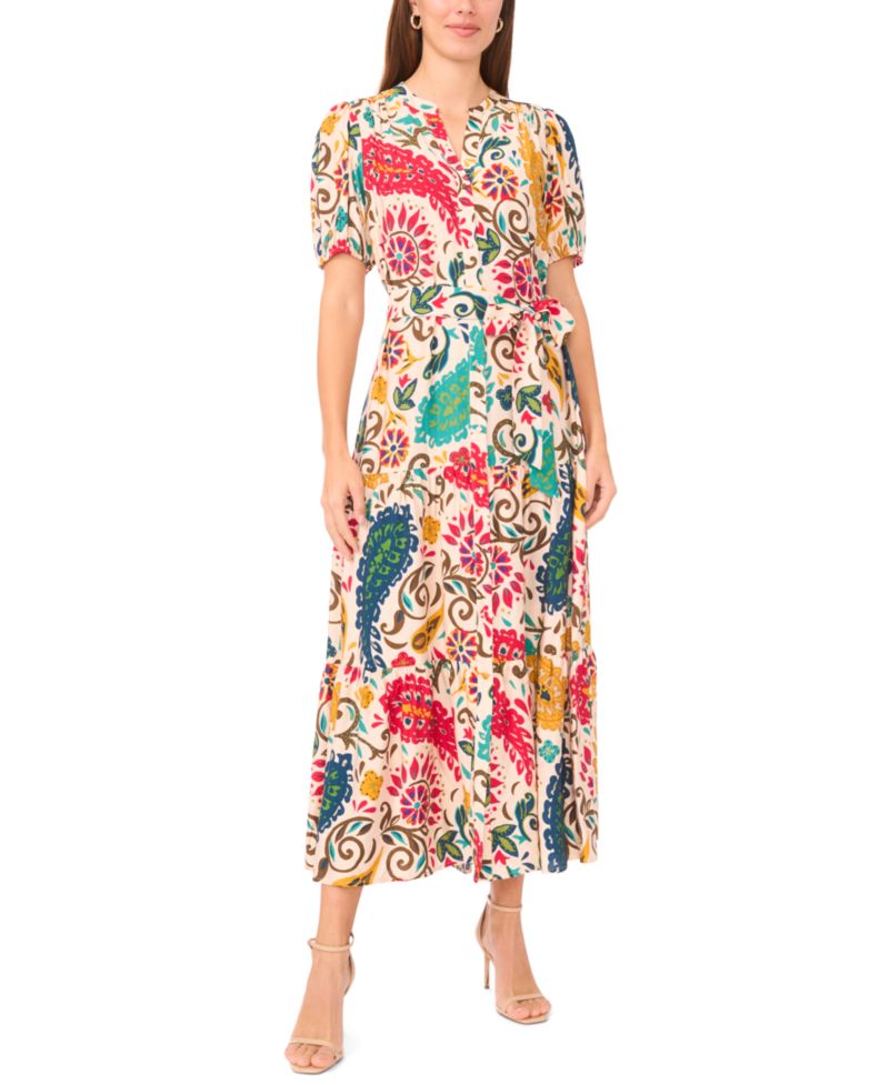 Women's Floral Button-Front Maxi Dress with Self-Tie Belt