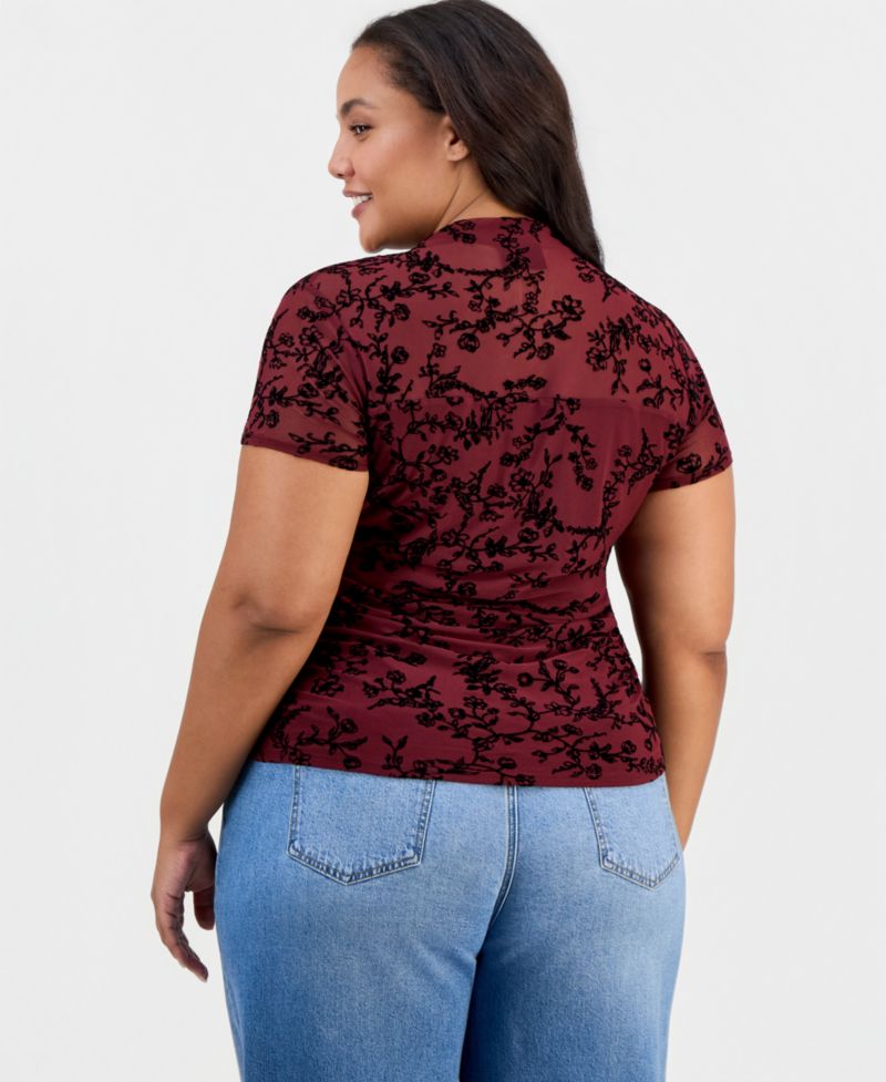 Plus Size Flocked Mesh Side-Ruched Mock Neck Top