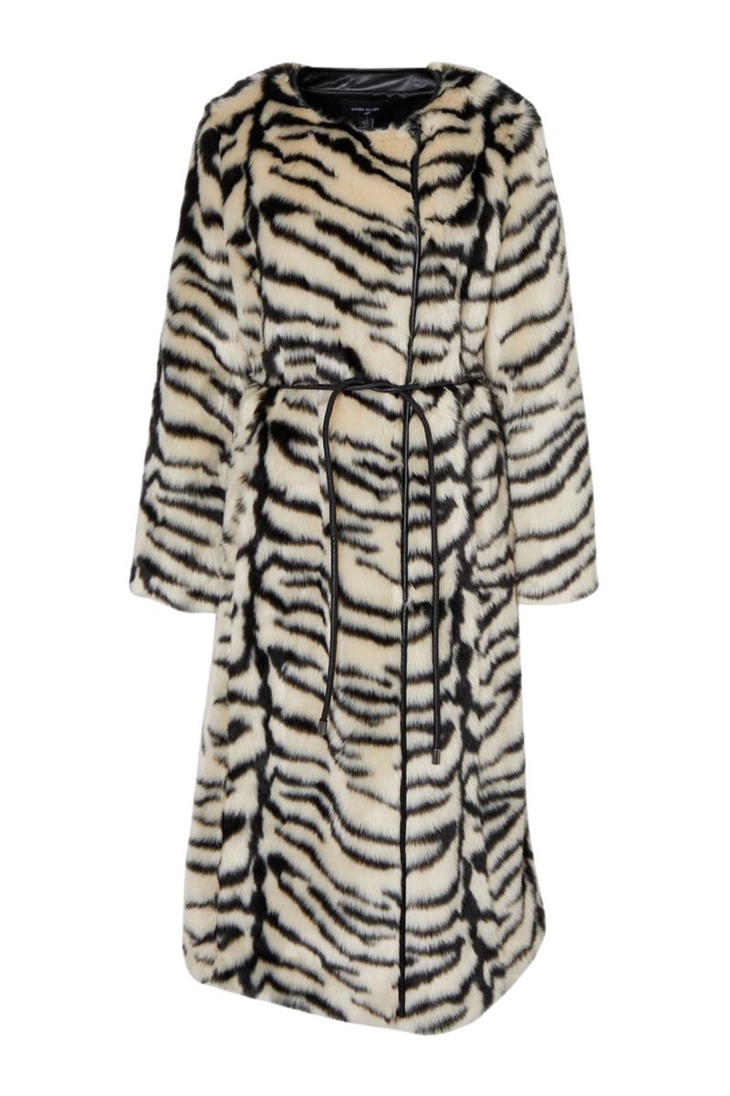 Women's Faux Fur Collarless Tie Belted Midi Coat