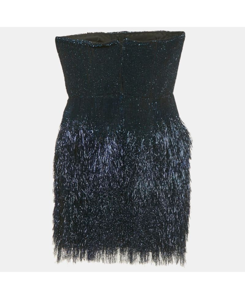 Women's Blue Sequin And Lurex Fringed Strapless Mini Dress