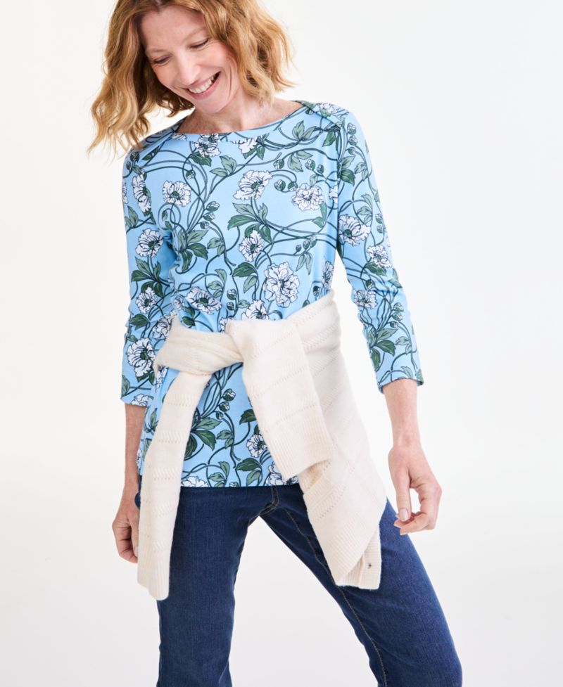 Petite Printed Pima Cotton 3/4-Sleeve Boat Neck Top