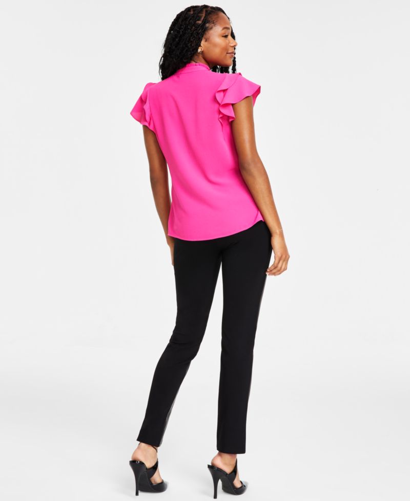 Women's Short Sleeve Pin-tuck Ruffled Button-up Blouse