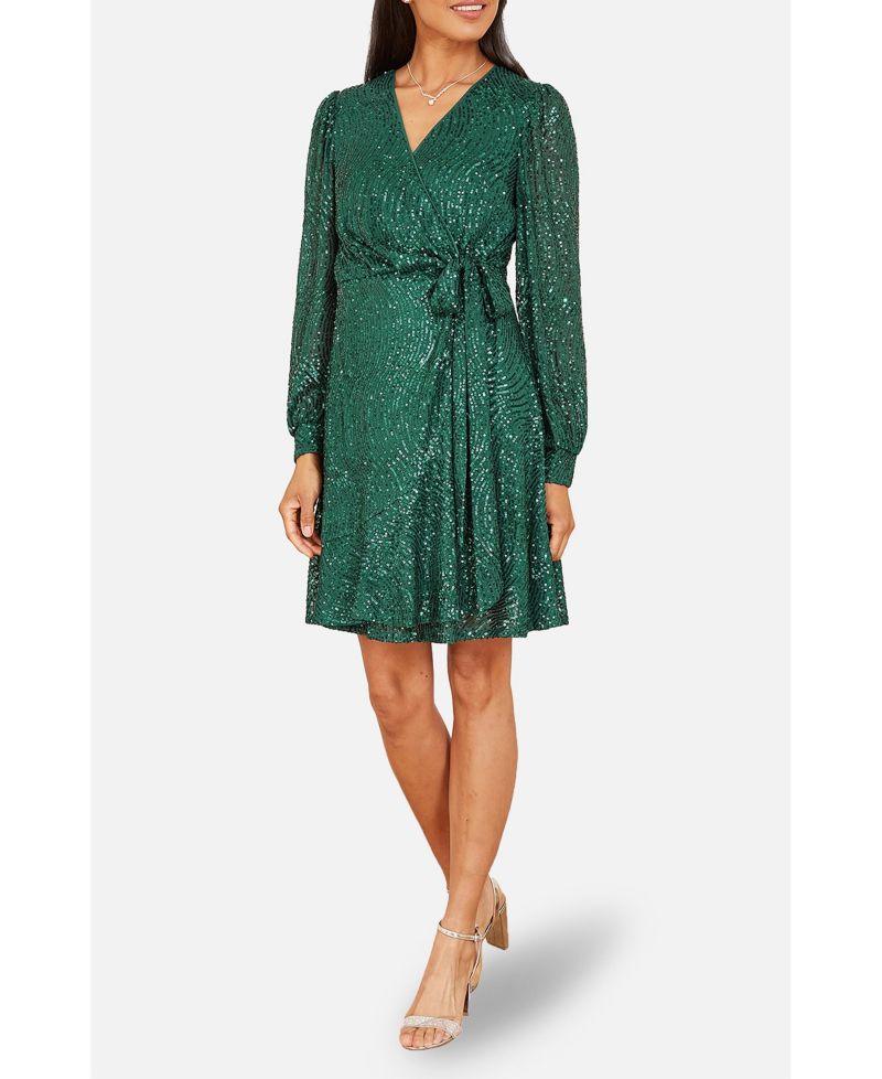 Women's Sequin Long Sleeve Frill Wrap Dress