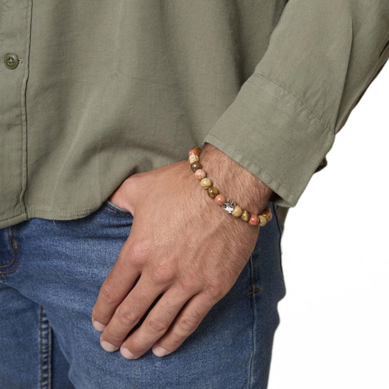 Red Jasper Mens Bracelet, Stretch Beaded Bracelet for Men with Clover Logo and Jasper Beads