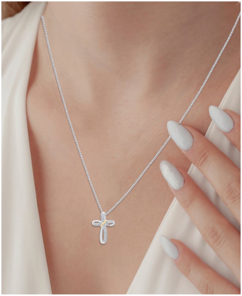 Diamond Cross 18" Pendant Necklace (1/4 ct. t.w.) in Sterling Silver & 14k Gold-Plate