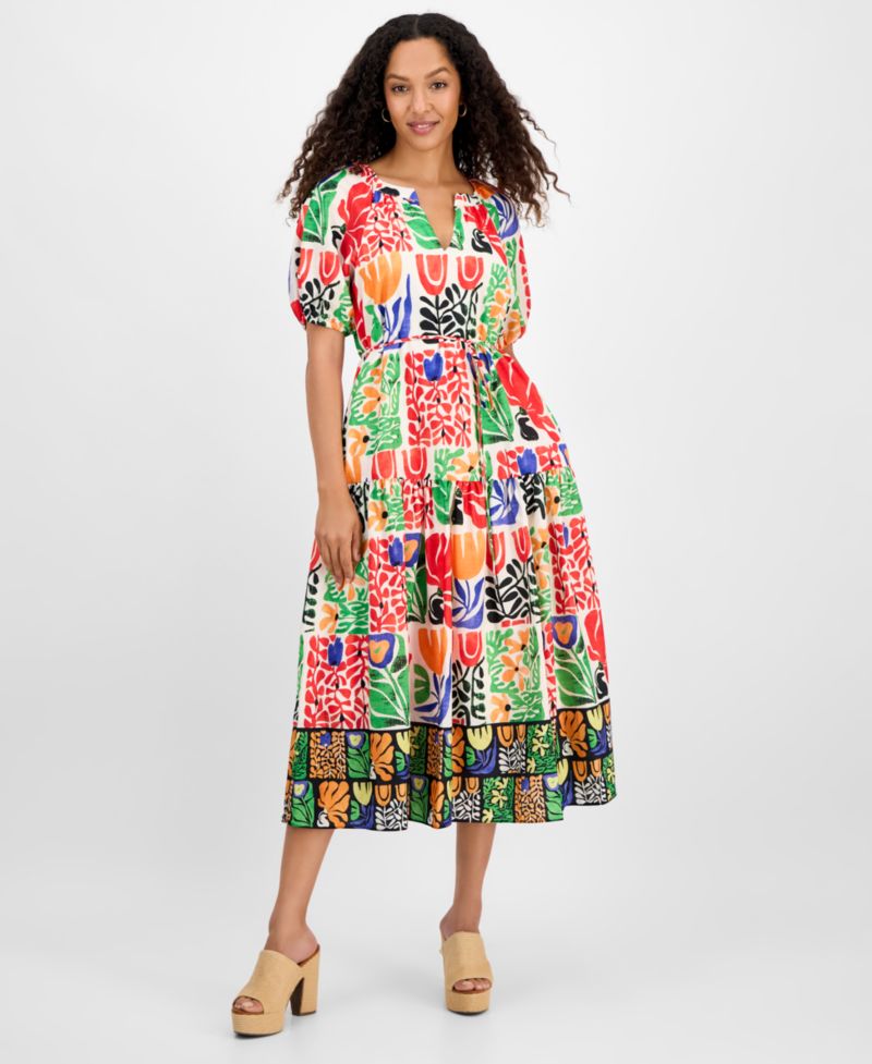 Women's Printed V-Neck Puff-Sleeve Midi Dress