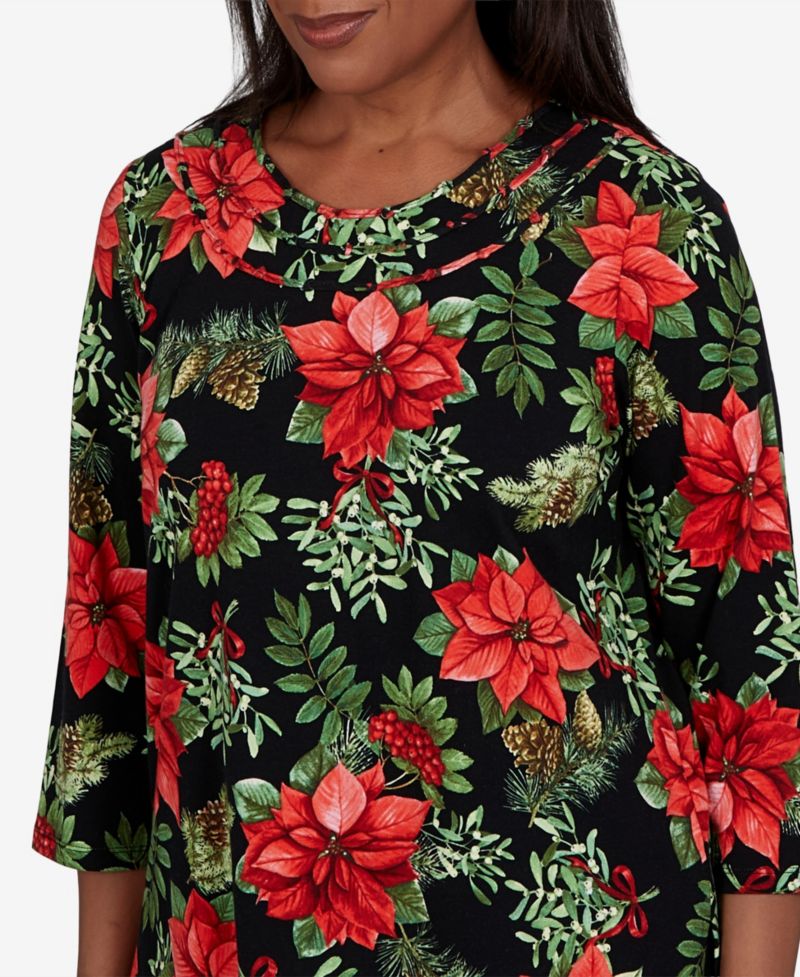 Women's Floral-Print 3/4-Sleeve Cotton-Blend T-Shirt