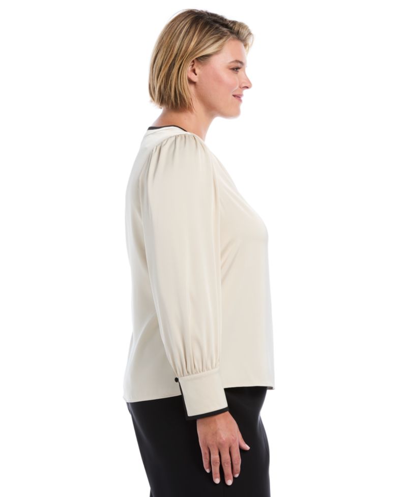 Plus Size Satin Split-Neck Long-Sleeve Blouse