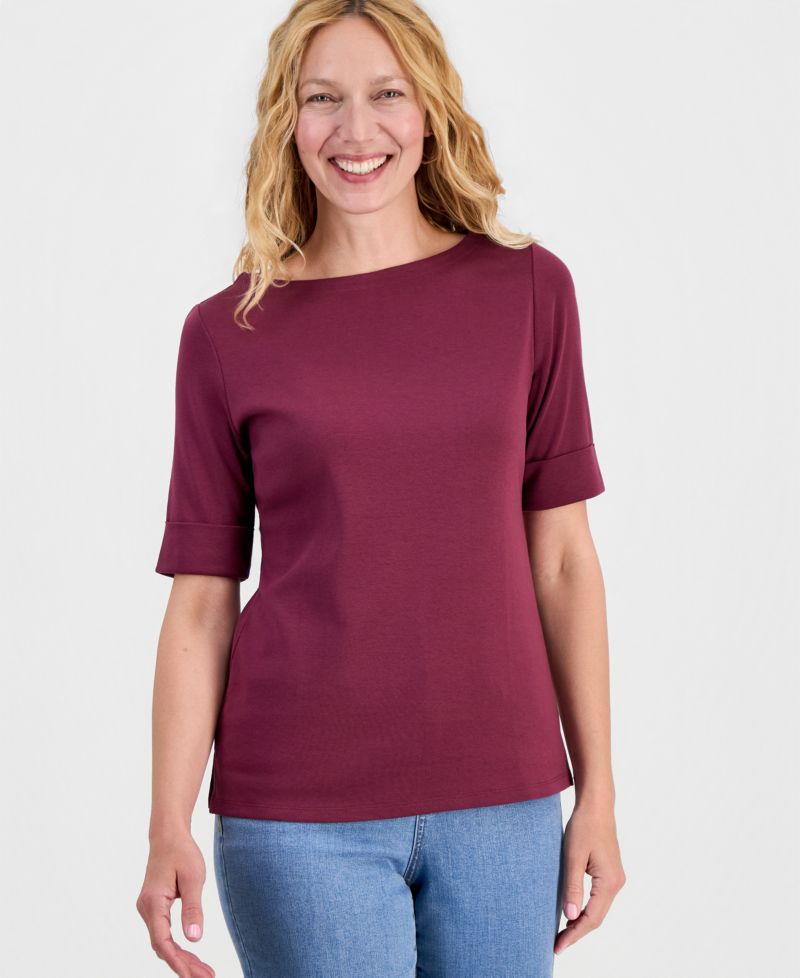 Petite Cotton Elbow-Sleeve Boat-Neck Top