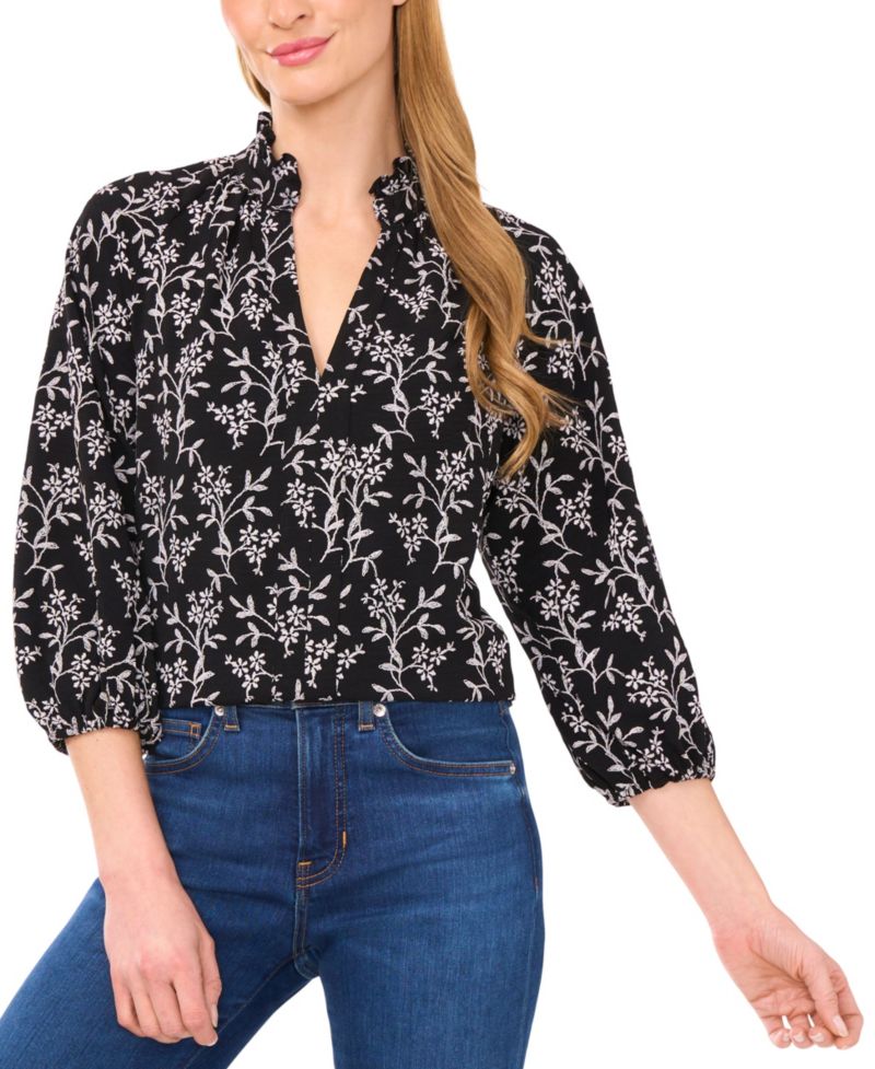 Women's Raglan 3/4-Sleeve Ruffle Neck Top