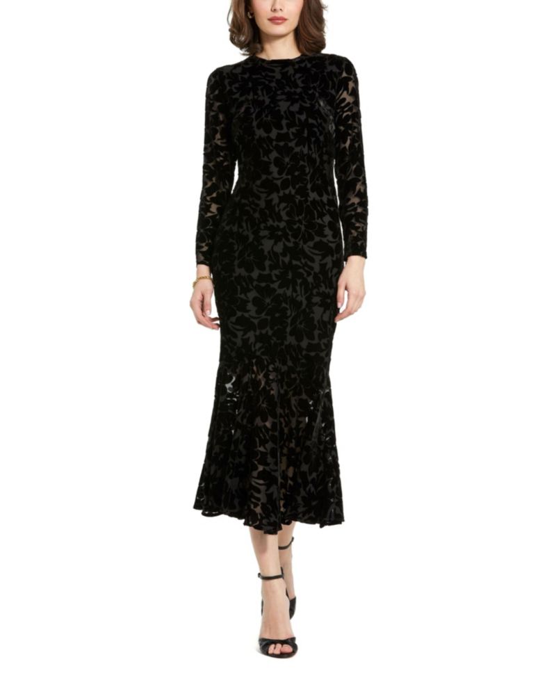 Women's Burnout Velvet Long Sleeve Ruffle Hem Midi Dress
