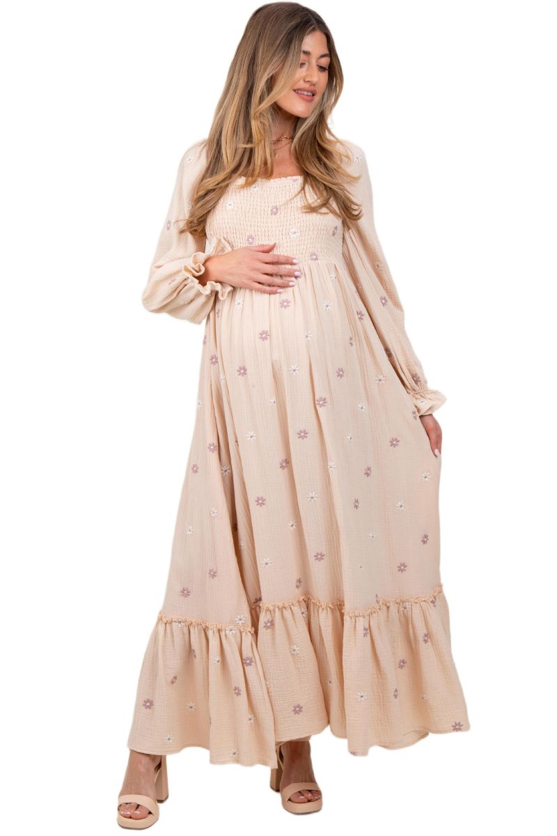 Women's Grey Taupe Long Sleeve Floral Accent Dress