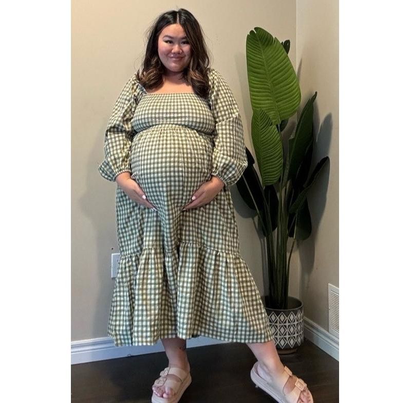 Women's Olive Gingham Long Sleeve Midi Dress