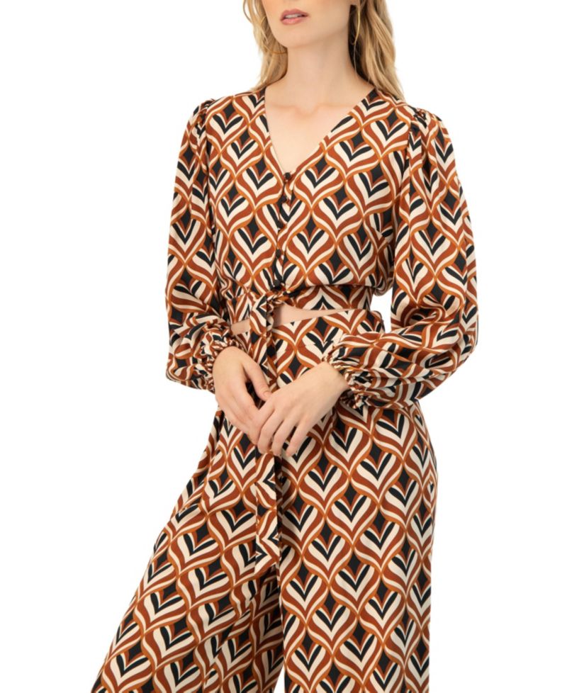 Women's V-Neck Geometric Print Blouse with Bottom Tie