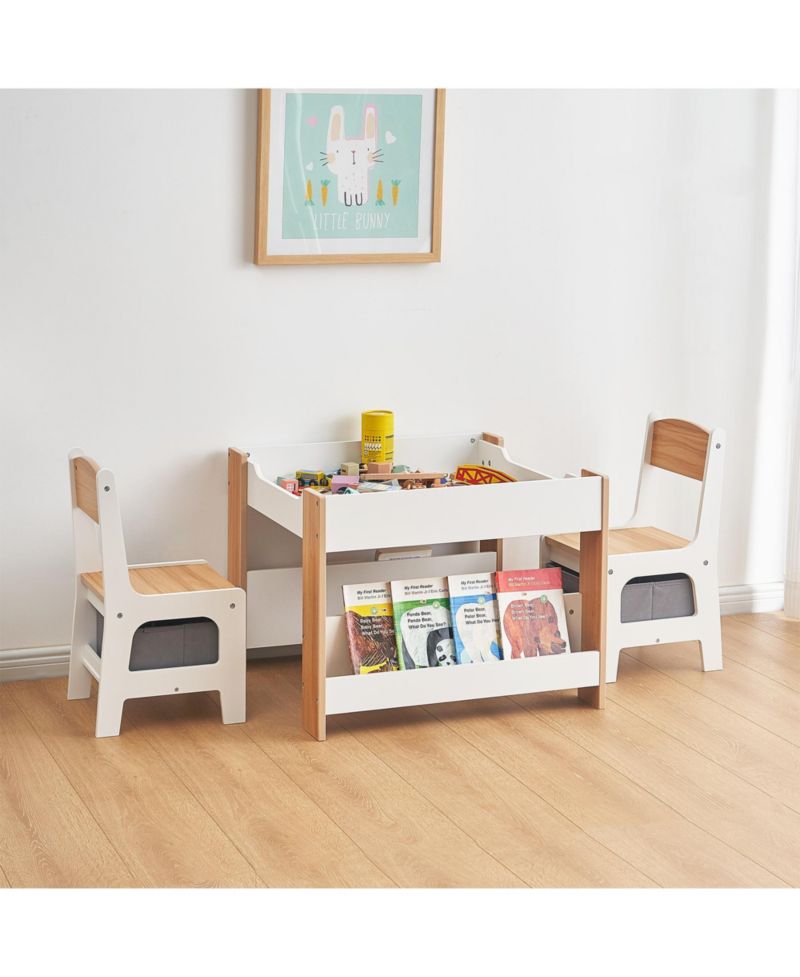 Kids Art Play Activity Table with Storage Shelf and Chair Set with Storage Baskets, White & Gray