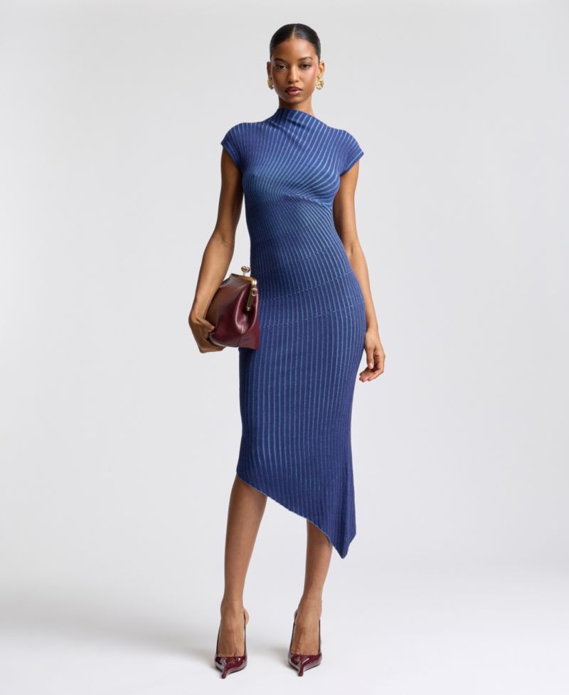 Women's Ribbed Sweater Asymmetric Midi Dress