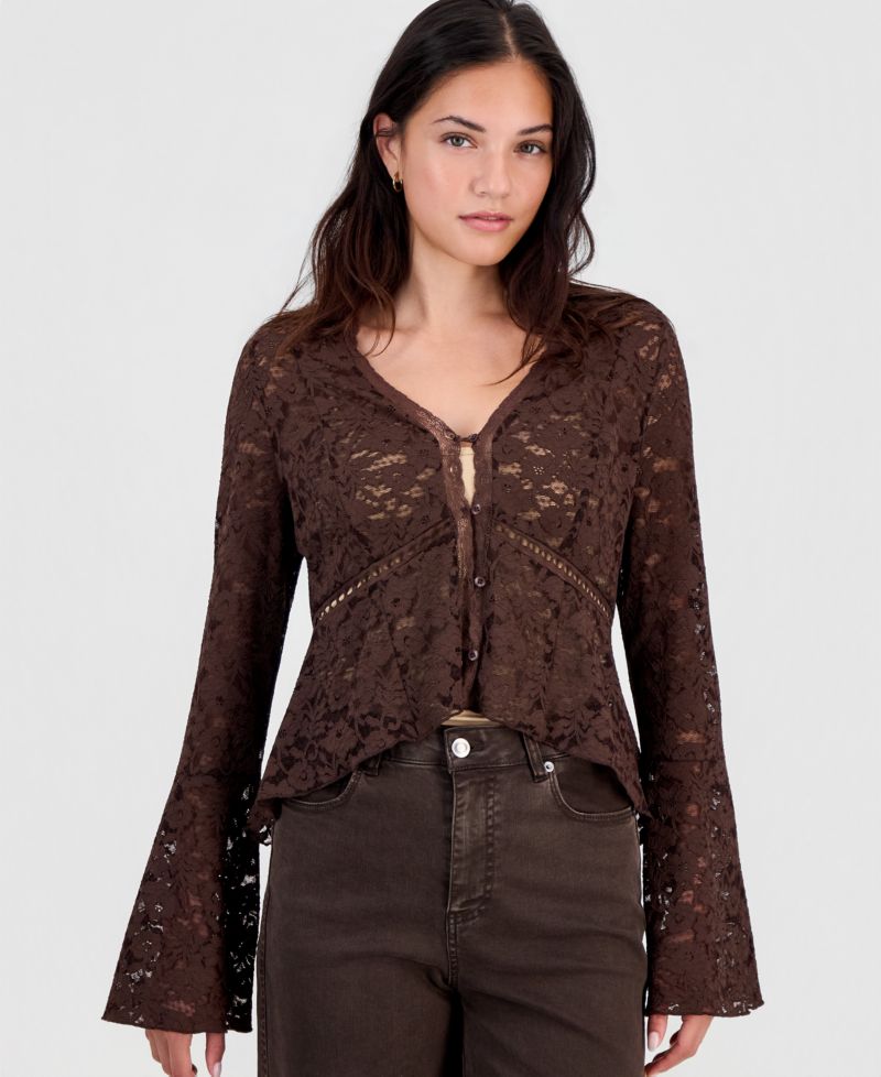 Women's Lace Bell-Sleeve Button-Front Top