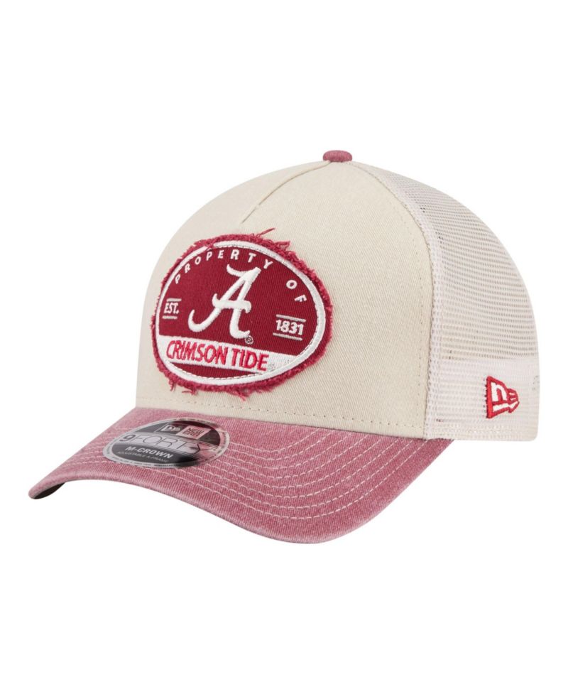 Men's Stone/Crimson Alabama Crimson Tide Frayed Patch 9FORTY M-Crown A-Frame Trucker Adjustable Hat