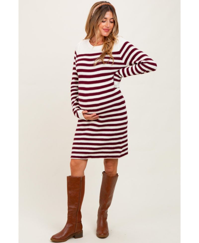 Women's Burgundy Striped Button Accent Mini Sweater Dress