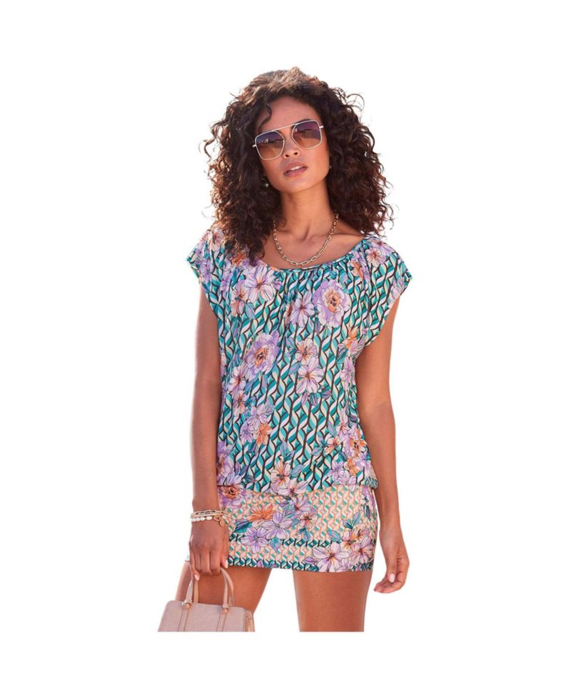 Women's Viscose Printed Round Neckline Scoop-Neck Short Dress