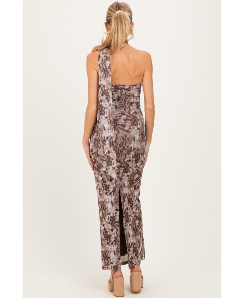Women's Mocha Printed Halter Maxi Dress
