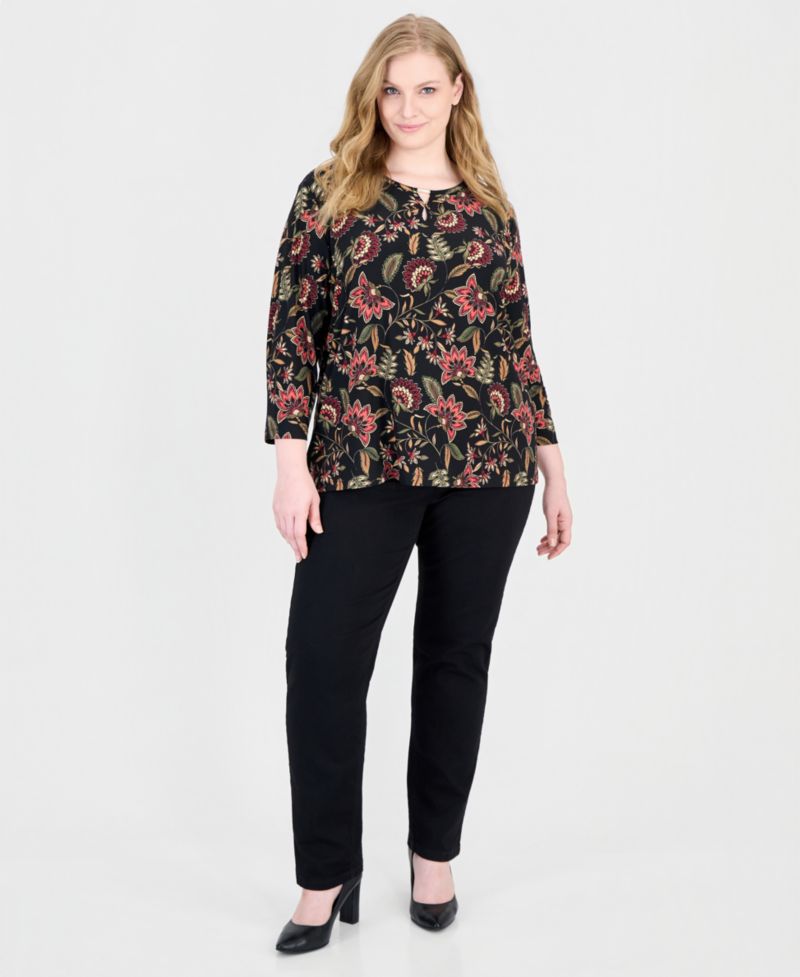Plus Size Printed Keyhole 3/4 Sleeve Top