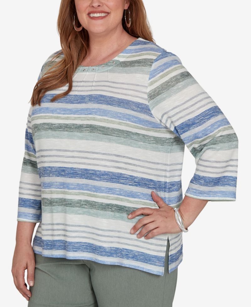 Plus Size Provence Striped Crewneck 3/4-Sleeve T-Shirt
