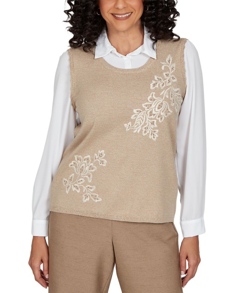 Petite Union Square Two-in-One Embroidered Scoop Neck Sweater