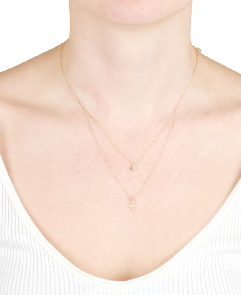 Round Cubic Zirconia & Cross Two Row Pendant Necklace, 18" + 2" extender