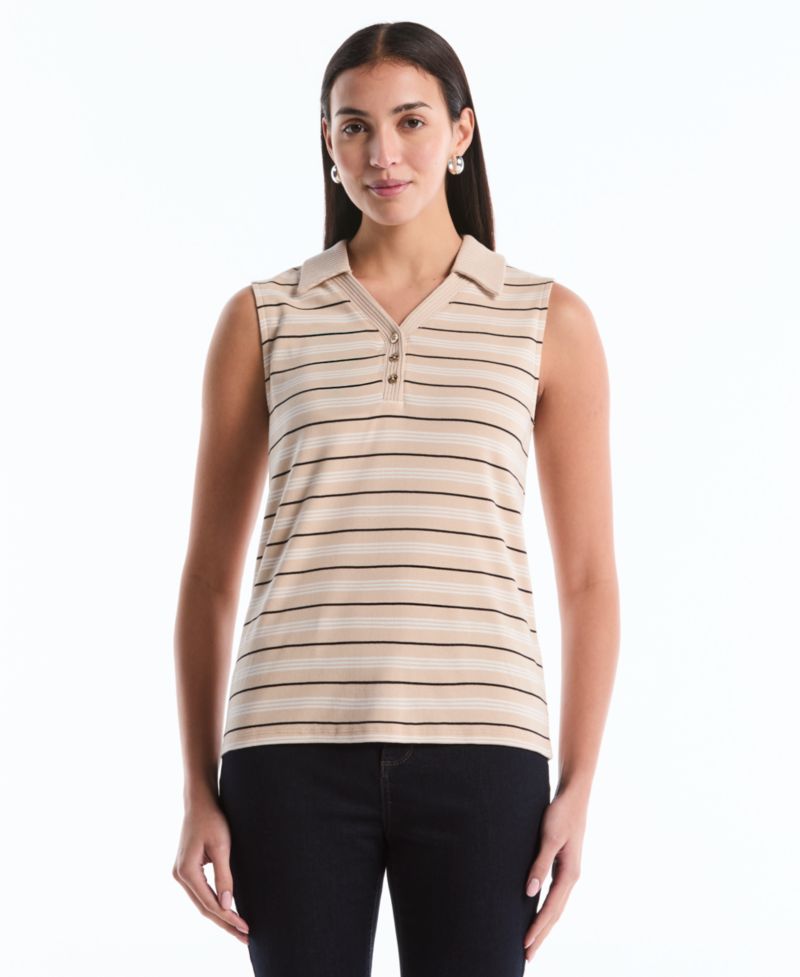 Petite Stripe Sleeveless Polo Top