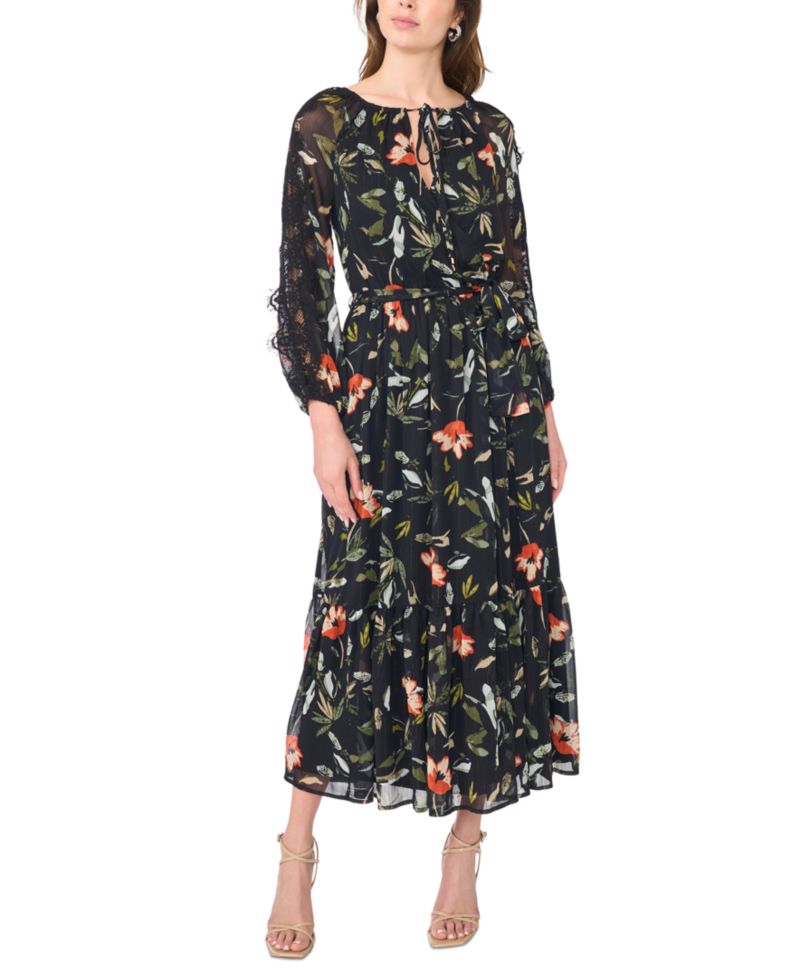 Women's Floral-Print Tiered Long-Sleeve Maxi Dress