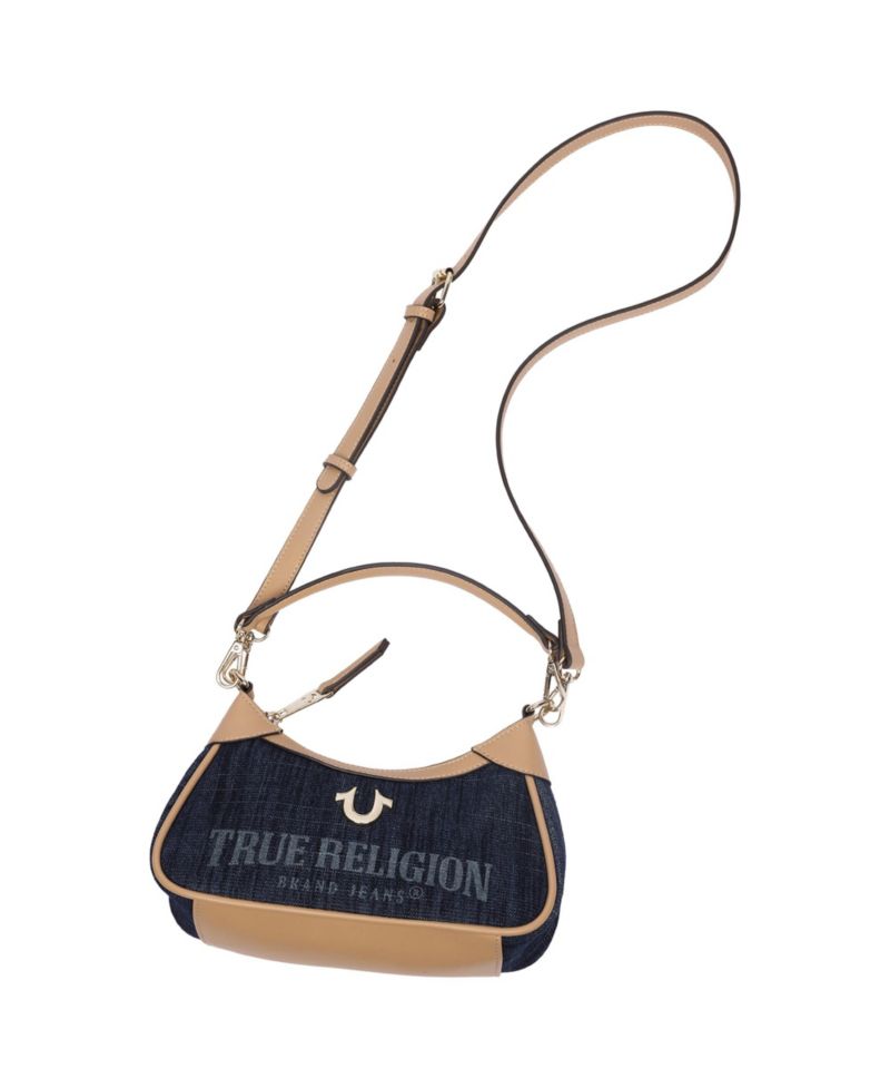 Blair Denim and PU Shoulder Bag Logo Denim Mini Shoulder Bag with Detachable Strap