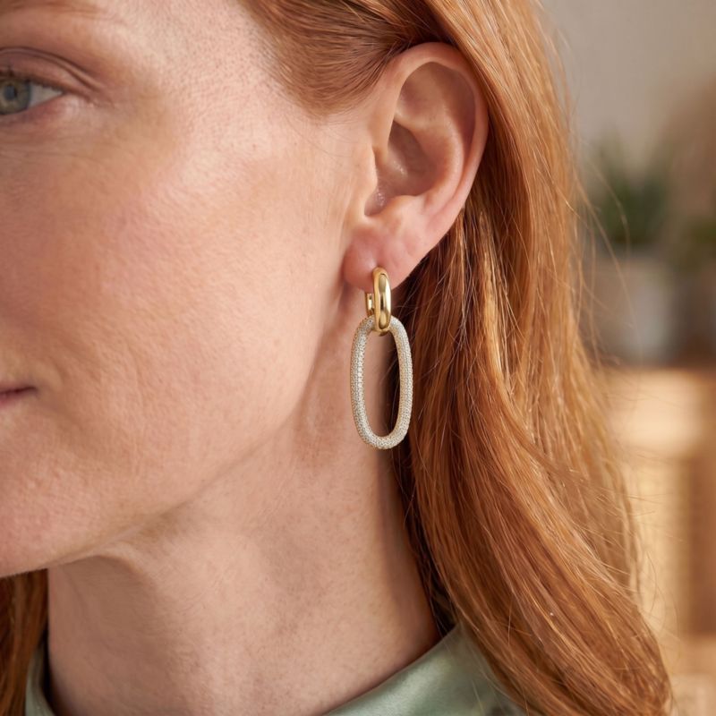 Elegant Cubic Zirconia Encrusted Oval Hoop Drop Earrings