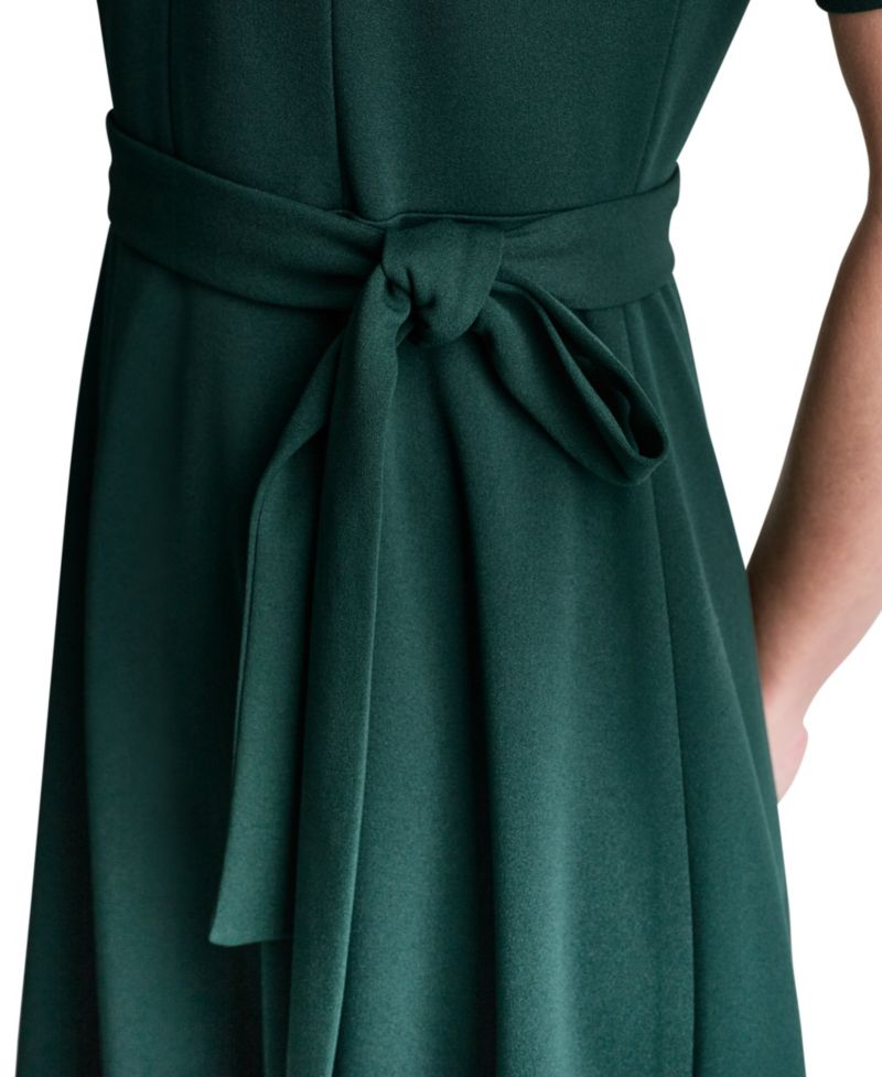 Women's Short-Sleeve Scuba Crepe Belted Fit and Flare Midi Dress