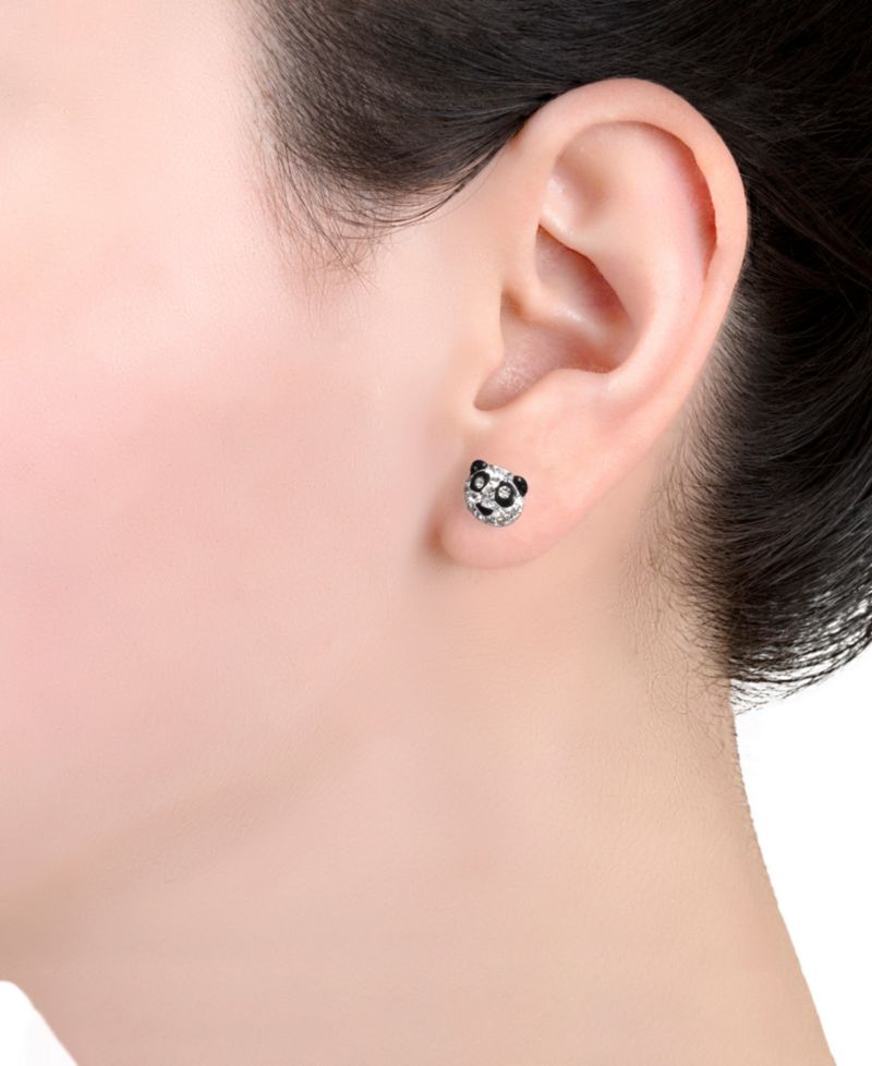 Crystal Pav&eacute; Panda Head Stud Earrings in Sterling Silver