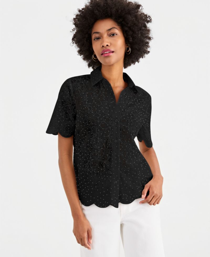 Women's Crystal Embellished Short-Sleeve Button-Down Shirt