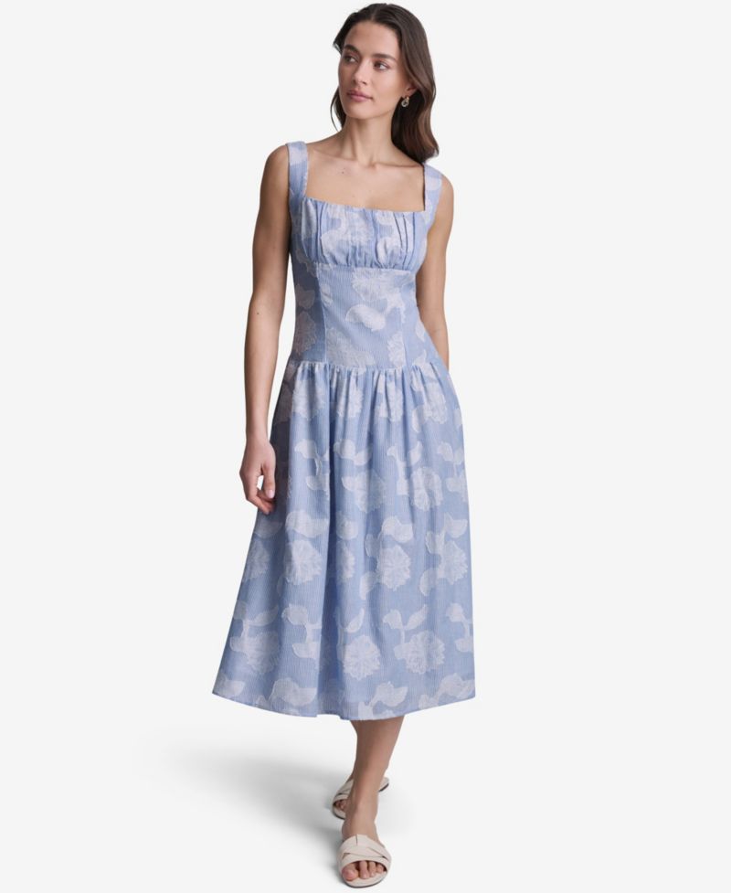 Women's Floral Print Square Neck Cotton Midi Dress