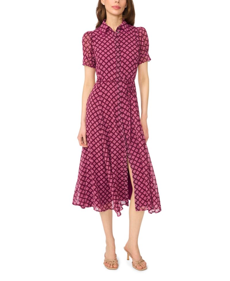 Women's Scalloped Geometric-Print Short-Sleeve Midi Dress