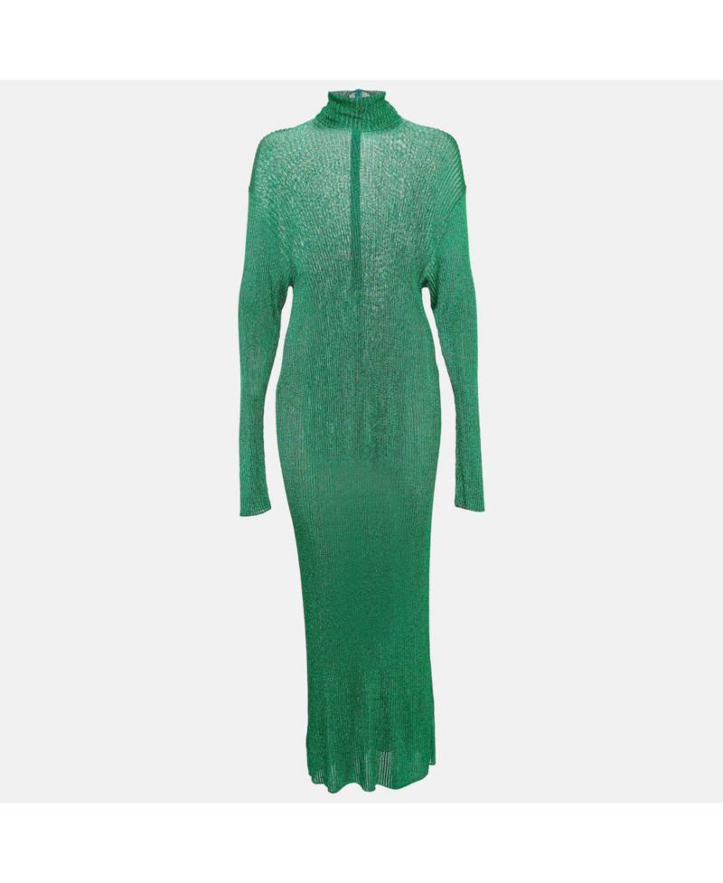 Women's Green Metallic Rib Knit Turtle Neck Maxi Dress
