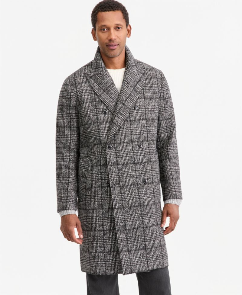 Men's Plaid Double-Breasted Polyester/Wool Blend Overcoat, Macy's Exclusive
